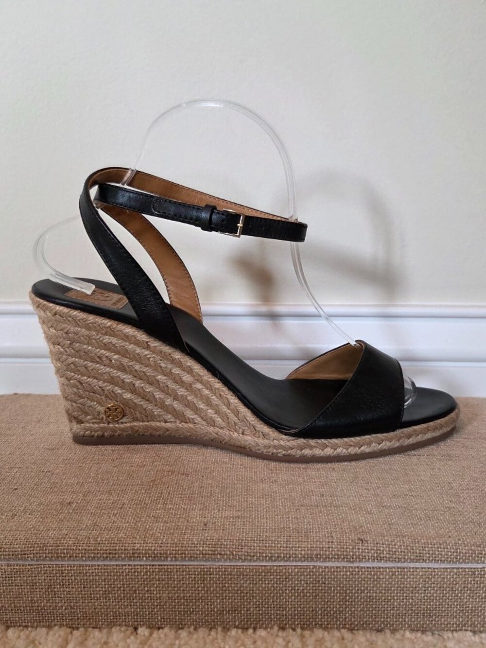 Tory Burch Black Leather Espadrille Wedge Sandals